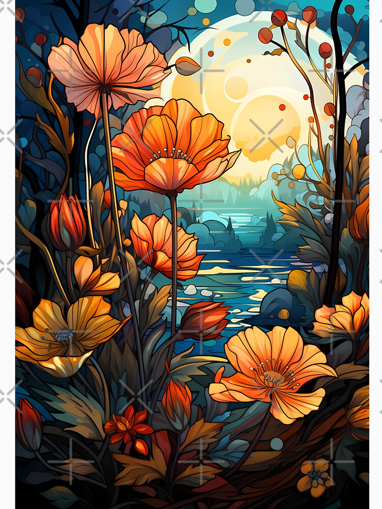 Beautiful Fall Orange Flowers Moon Water Autumn Season Gift by NearlyNow