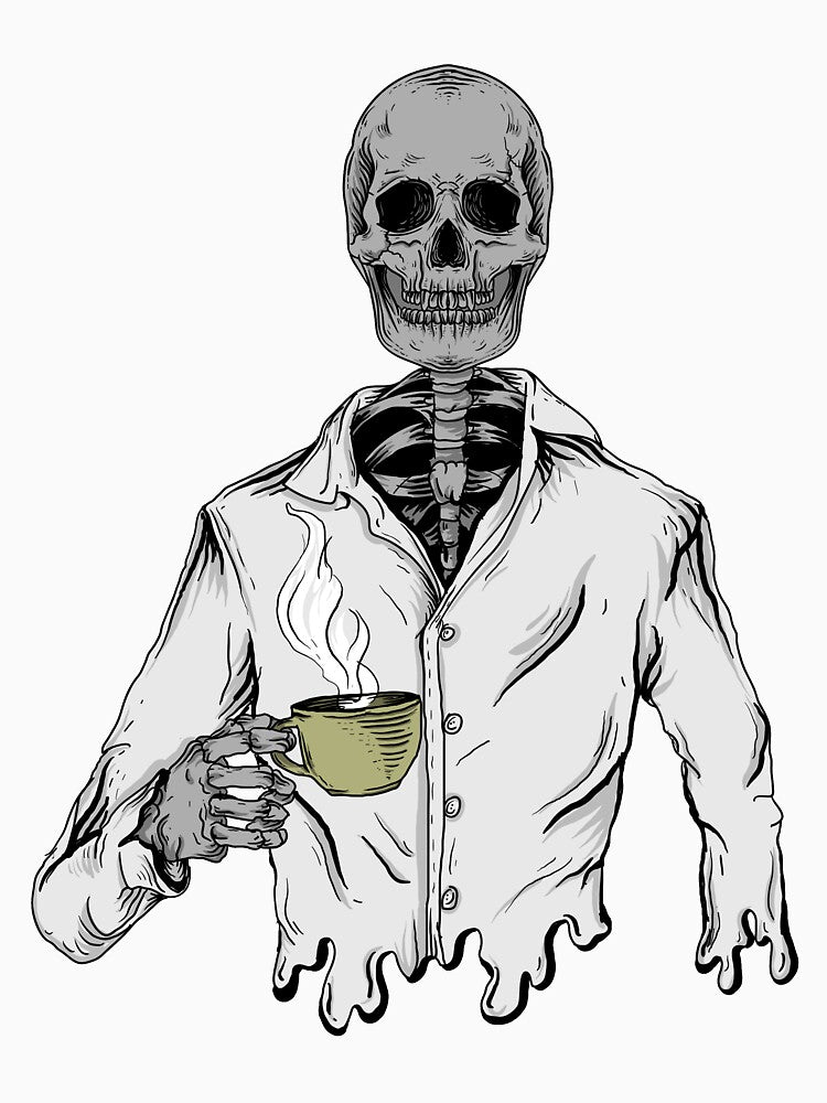 Skeleton Wearing T-Shirt Drinking Coffee by JTS STORE