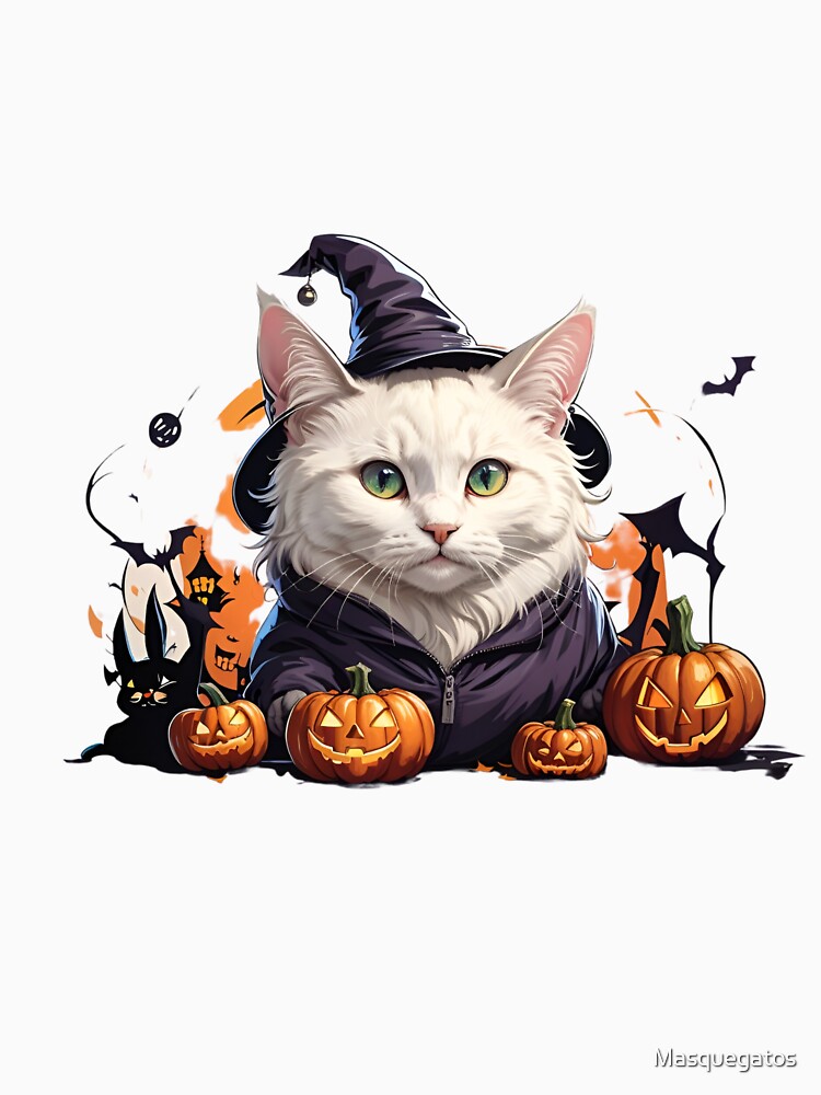 White cat for halloween with pumpkins and bats by Masquegatos