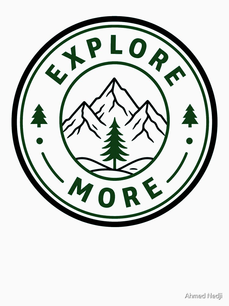 EXPLORE MORE Outdoor Adventure Badge | Minimalist Mountain Tree Design by Ahmed Nedji