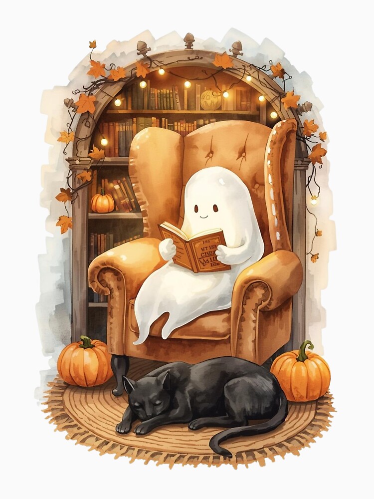 Retro Ghost Reading Cozy Halloween Bookshelf by Stick-erTwist