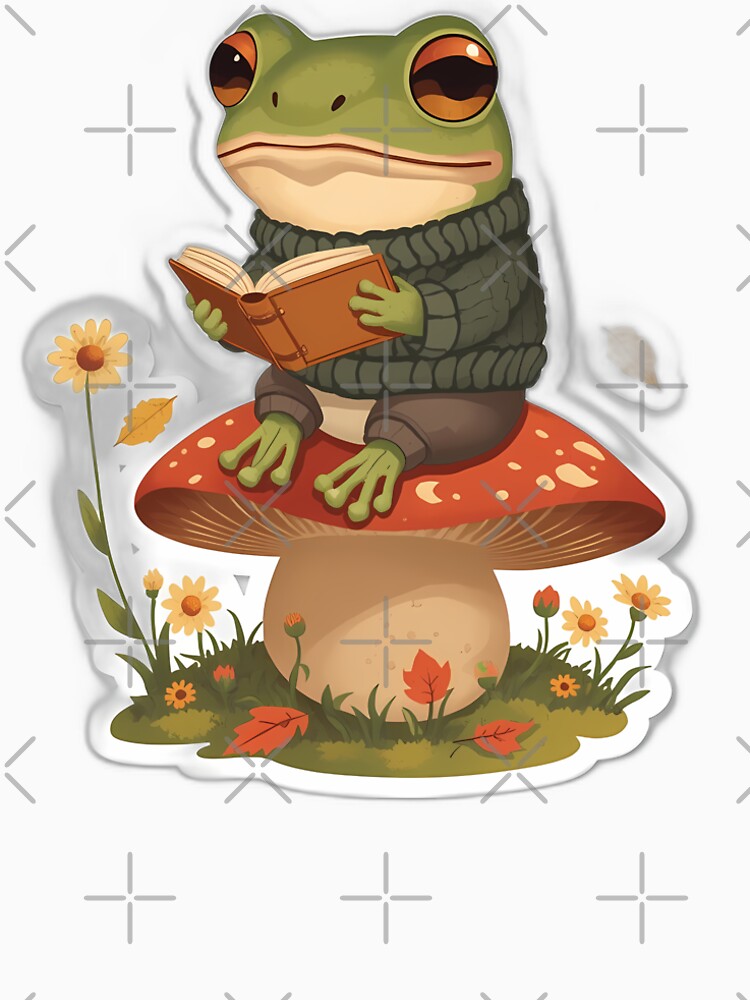 Frog Reading on Mushroom - Cute Bookish Aesthetic Sticker by Swizzy2vore