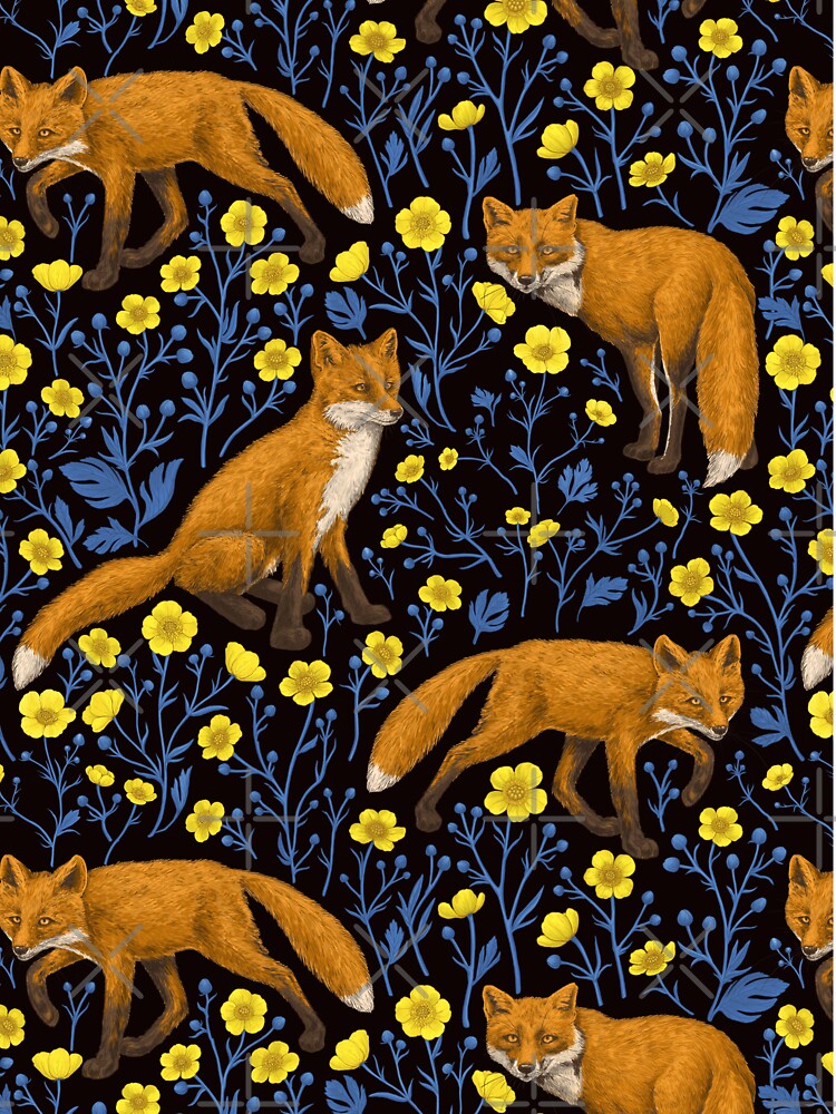 Foxes and buttercups on black by Katerina Mitkova Kirilova