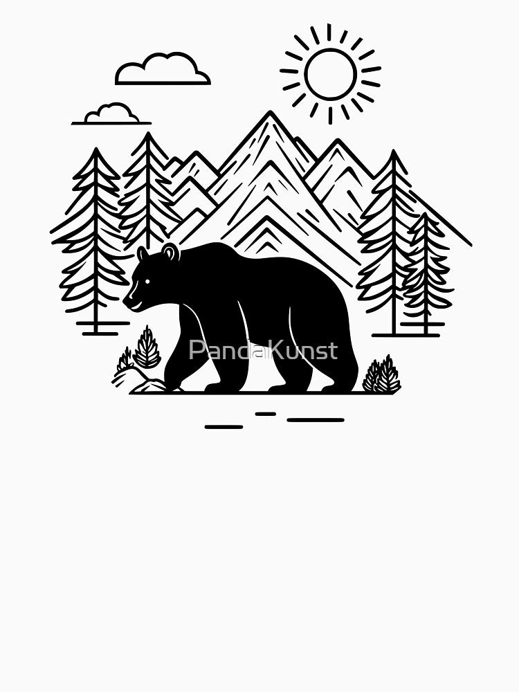 Minimalist Mountain and Bear Line Art, National Park by PandaKunst