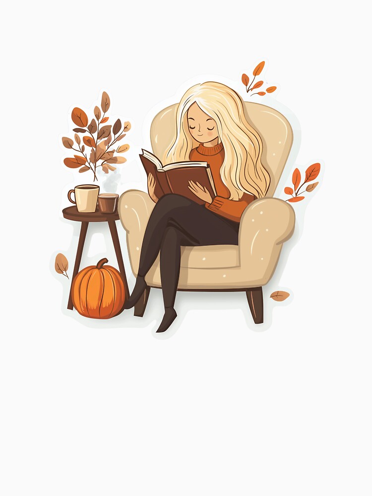 Cozy Fall Reading Scene with Coffee and Pumpkins Sticker by Liseri