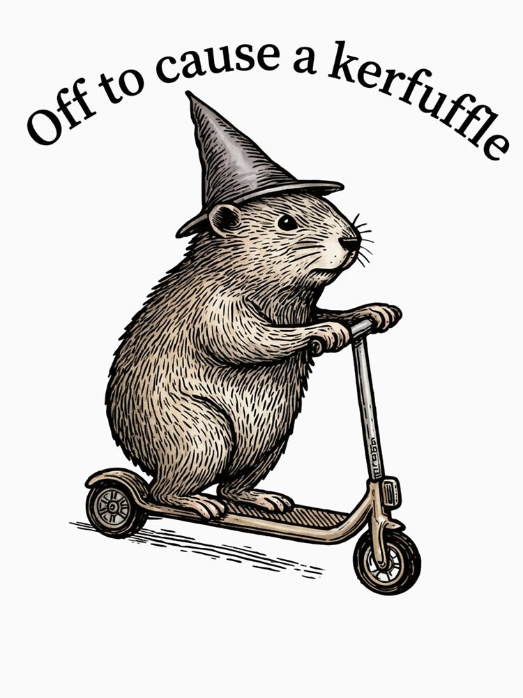 Funny Wizard Groundhog T-Shirt - Off to Cause a Kerfuffle Shirt - Vintage Woodcut Rodent on Scooter Tee - Whimsical Animal Magic Shirt by AmShirtss