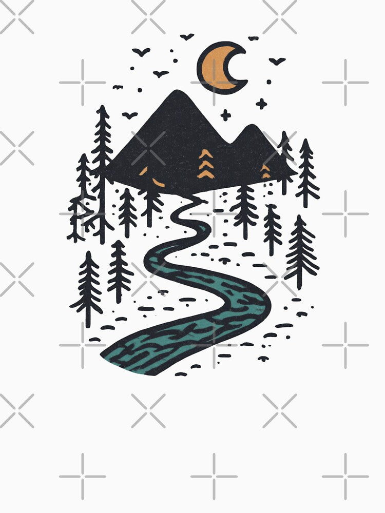 Mountain River Crescent Moon Minimalist Ink Illustration by Blurbean