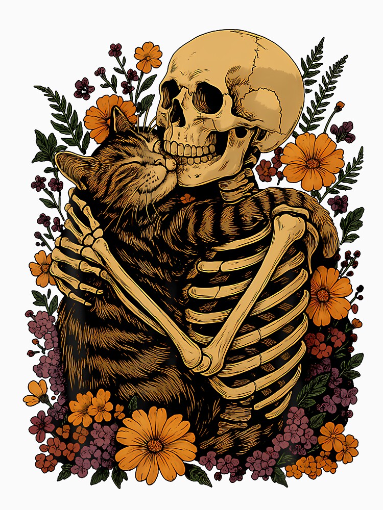 Skeleton Hugging Cat Floral by maramestathia
