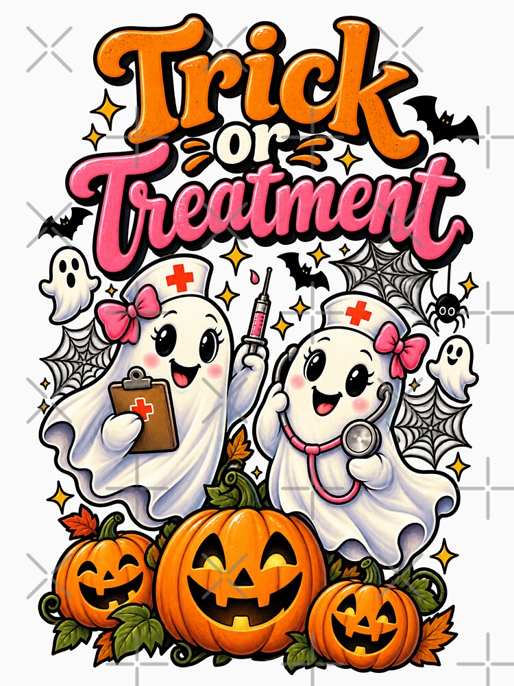 Trick Or Treatment Funny Halloween Ghost Nurse Pun by Lombardino