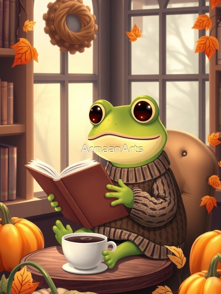 Autumn Frog Reading T-Shirt | Cozy Bookworm Frog | Cute Fall Animal Tee by ArmaanArts