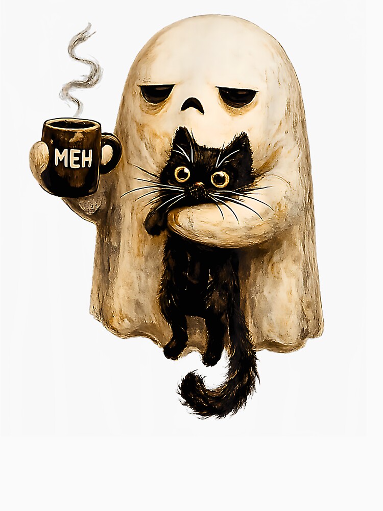 Tired Ghost With Black Cat Coffee Meh Funny Introvert Halloween by Rahamkshop
