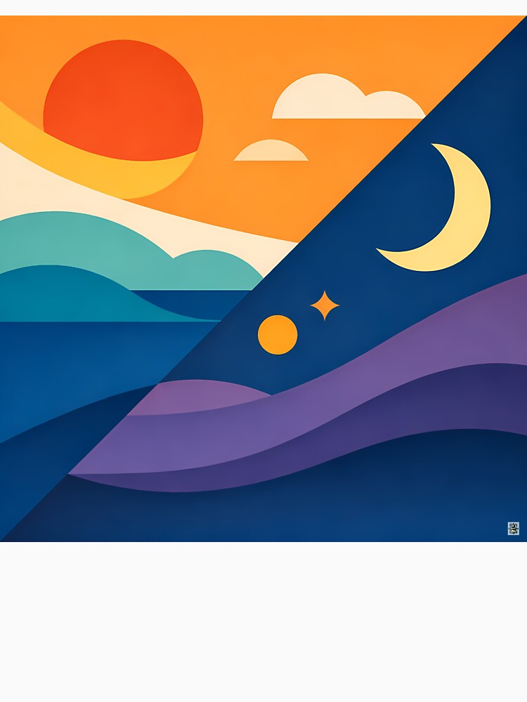 Geometric Sun and Crescent Moon Landscape by InkSmithery