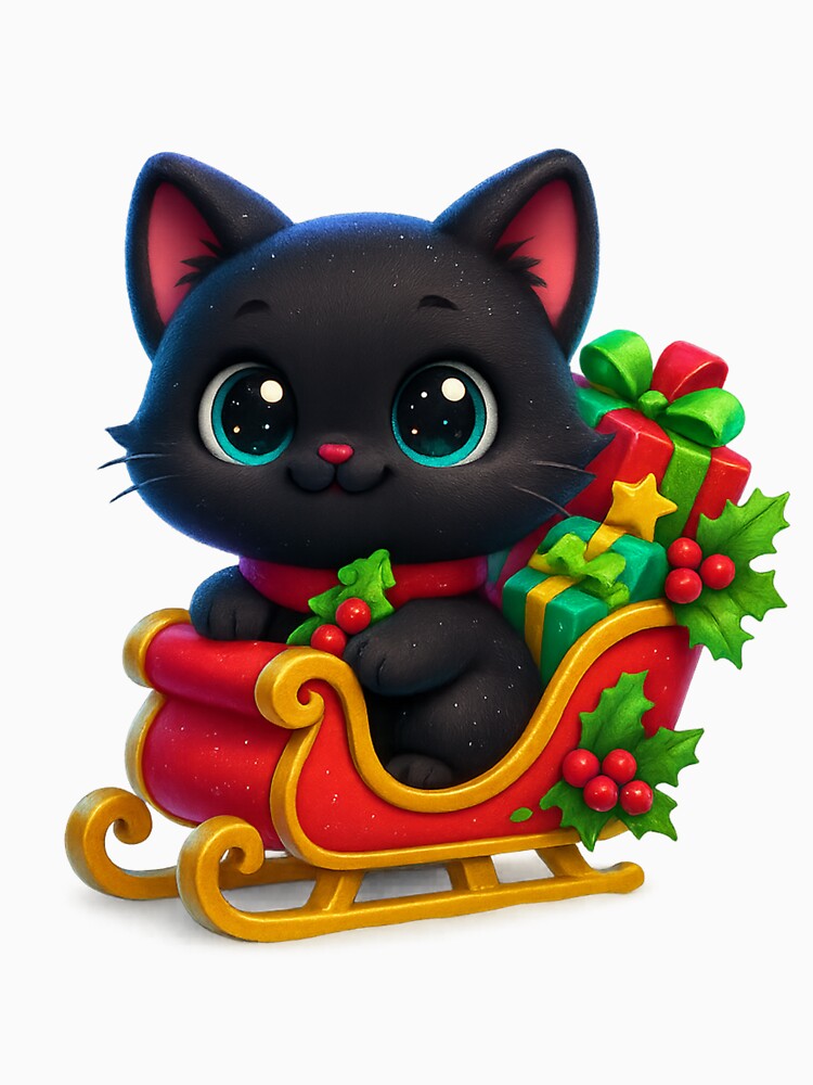 Cute Cat in Christmas Sleigh with Gifts and Holly by PrintCreations9