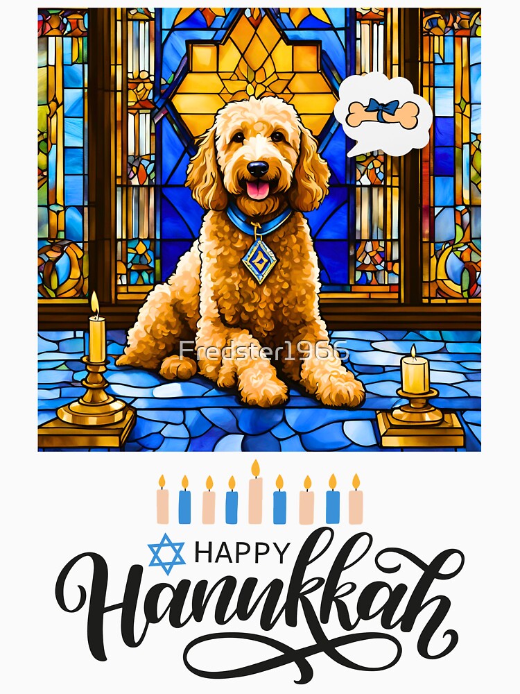 Happy Hanukkah Goldendoodle – Stained Glass Menorah Dog Design by Fredster1966