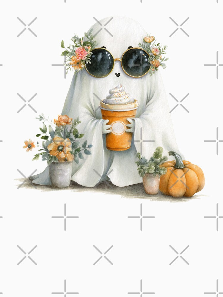 Cute Ghost With Sunglasses Holding Pumpkin Spice Latte by EL-Lebedenko