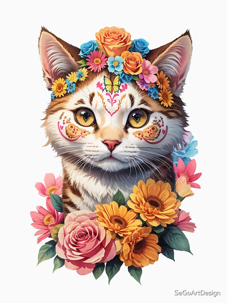 Cute Cat With Flowers and Butterflies Dia de Muertos by SeGoArtDesign