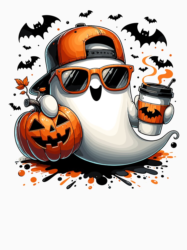 Spooky Halloween Ghost Wearing Sunglasses with Pumpkin Coffee Style by ROOFY-HK