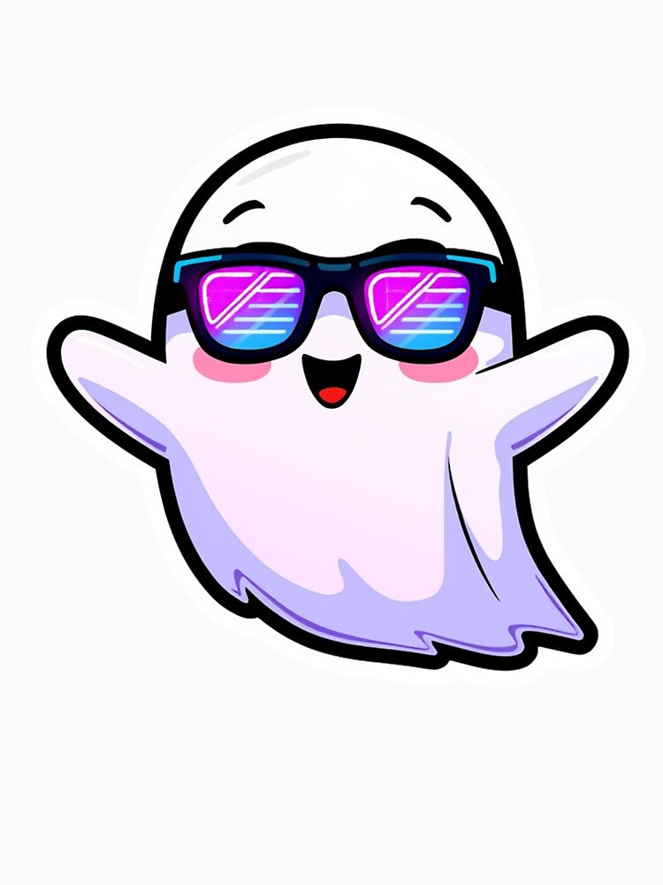 Cute Cool Ghost with Neon Sunglasses Sticker | Funny Kawaii Halloween Ghost Cartoon by AestheticLoveArt
