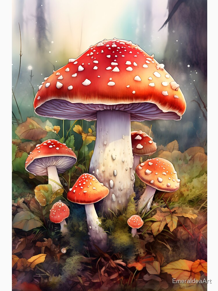 Amanita Mushrooms – Watercolor Autumn Fungi Art by EmeraldeaArt