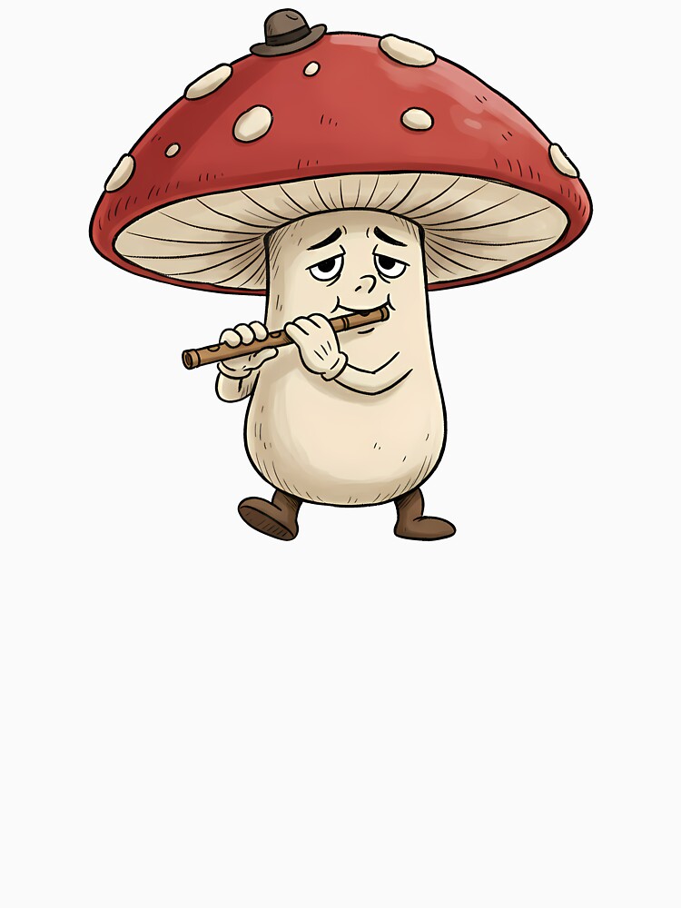Cute Mushroom Playing Flute Whimsical Music Cartoon Illustration by hn79