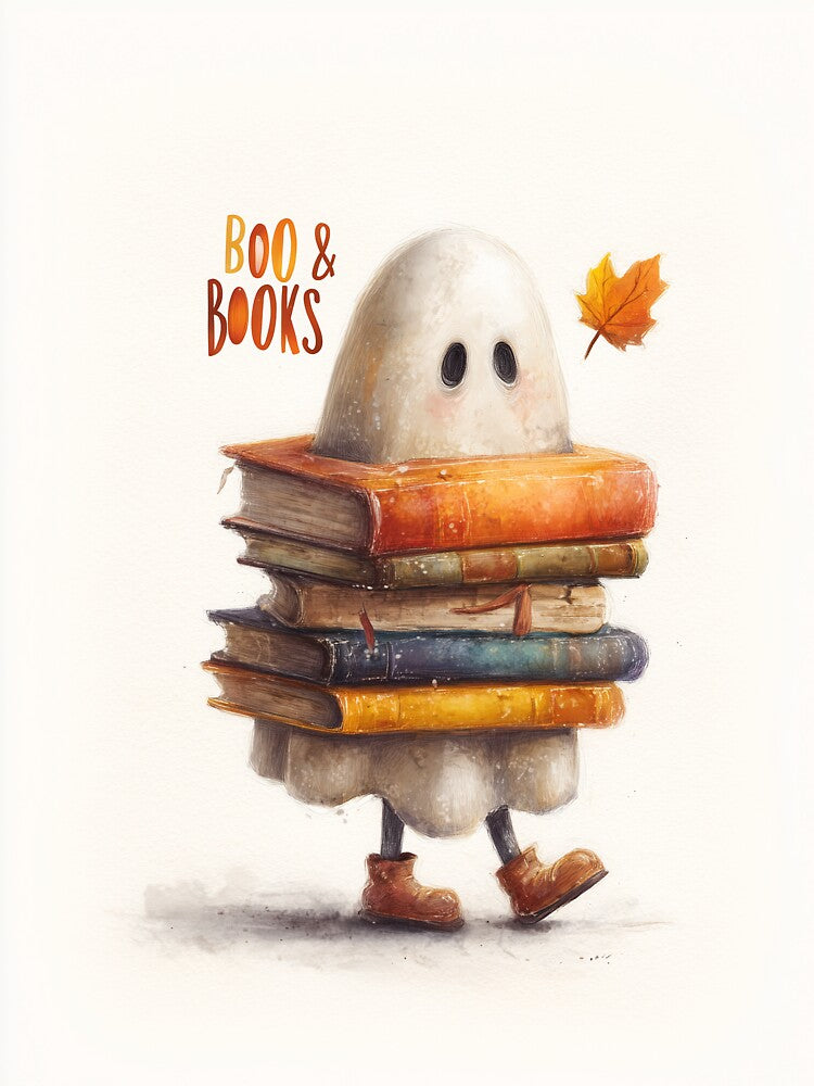 Boo & Books – Cozy Ghost Bookworm Halloween Art by Helenaphotoart
