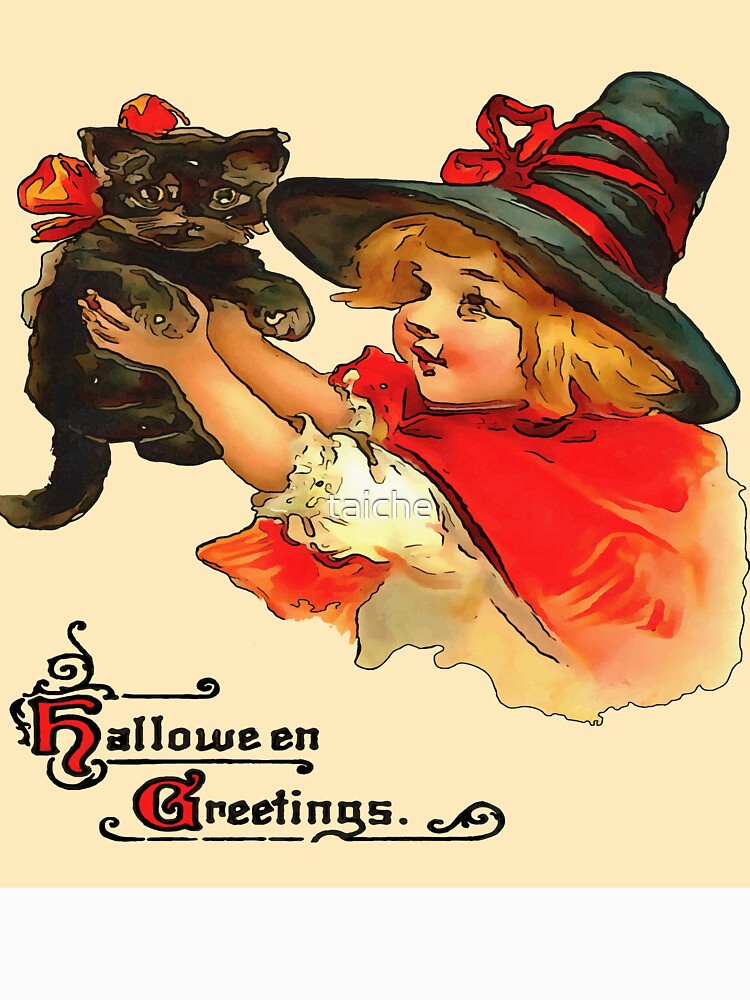 Girl With Black Cat Vintage Halloween Greetings On Pink by taiche