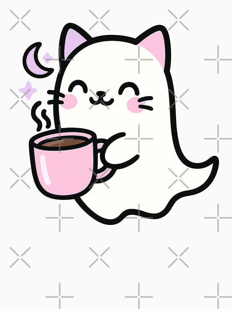 Kawaii Halloween Ghost Cat with Coffee by davidjulie