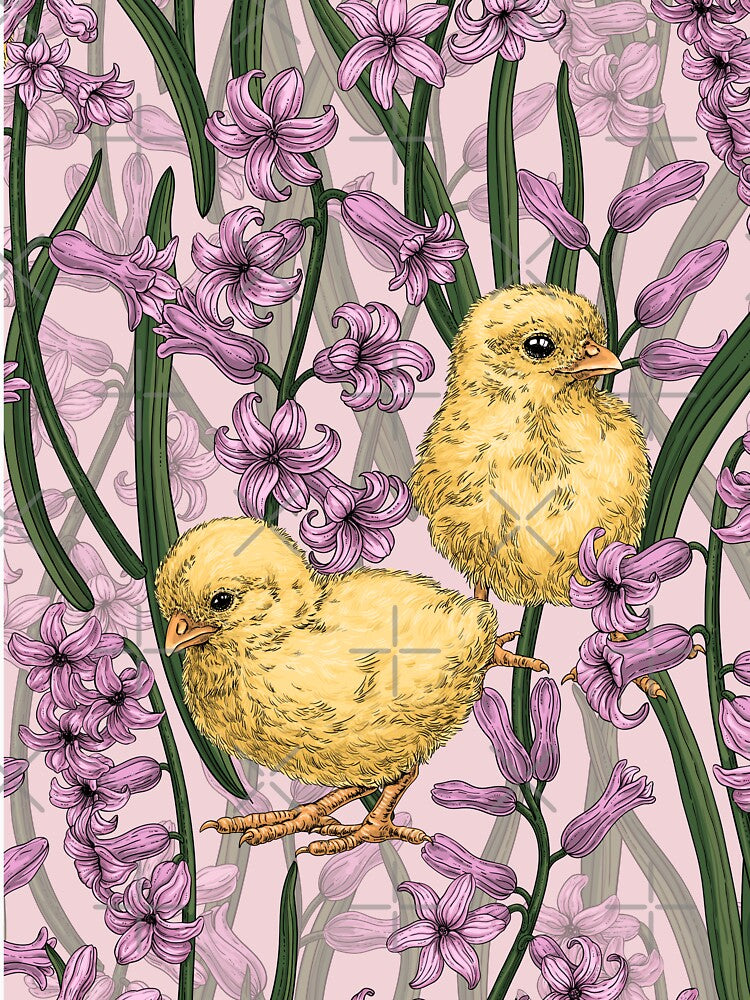 Chickens and hyacinths on pink by Katerina Mitkova Kirilova