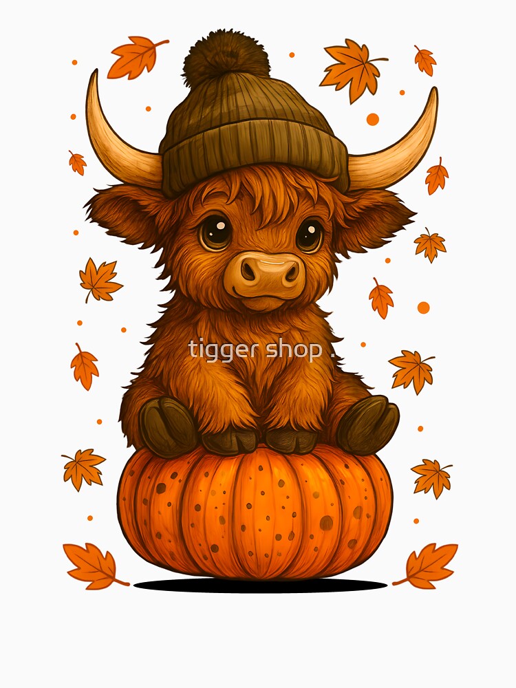 Highland Cow Sitting on Pumpkin with Autumn Leaves Cute Fall Animal Design by tigger shop