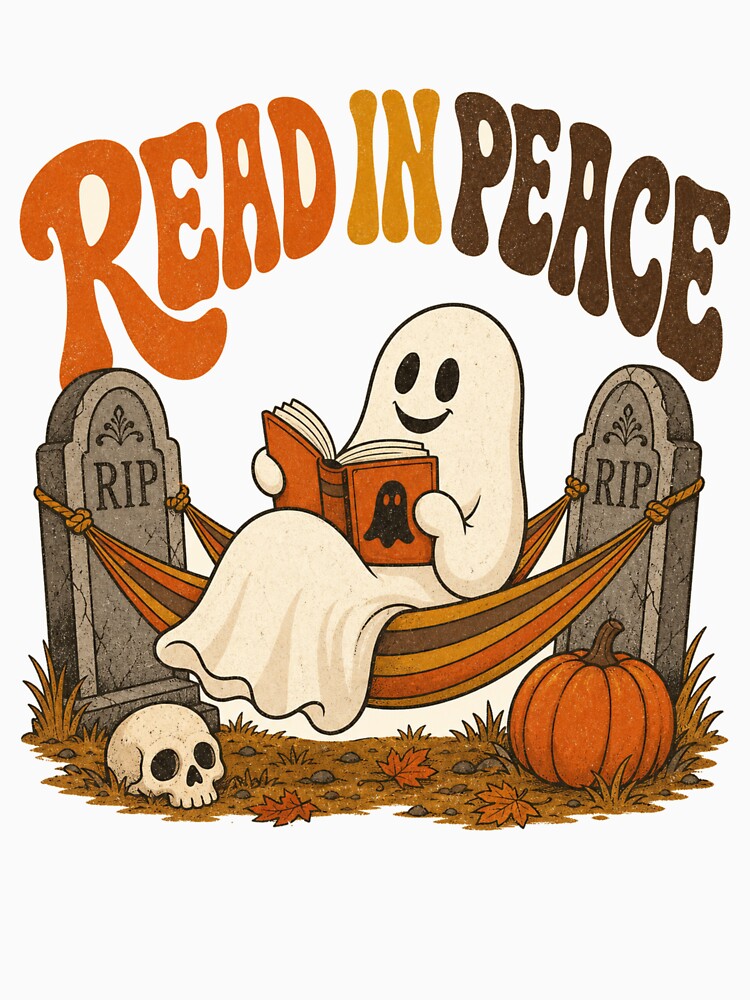 Read in Peace Retro Ghost reads book in cemetery by BoosterShop
