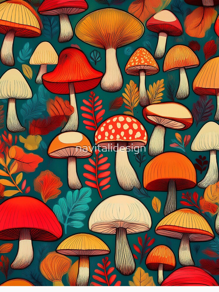 It's raining mushrooms, warm Autumn colours mushroom houses, mushroom pattern watercolour vintage fall season burnt orange leafy by navitalidesign