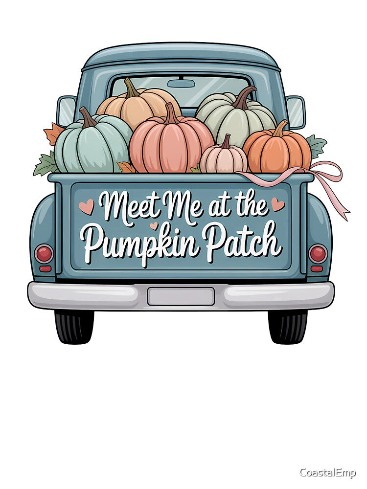 Meet Me at the Pumpkin Patch – Vintage Blue Truck with Pastel Pumpkins – Cozy Fall Aesthetic – Autumn Farmhouse Sublimation Art by CoastalEmp