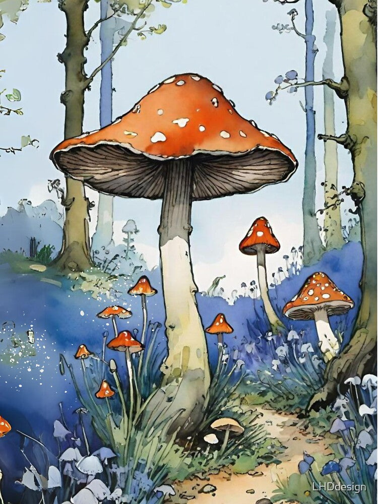 Bluebell & Mushroom Art | Fungi Art | Mushroom Illustration | Mushroom Painting 12/05/24 (One of my best Pinterest Pins ever!) by LHDdesign