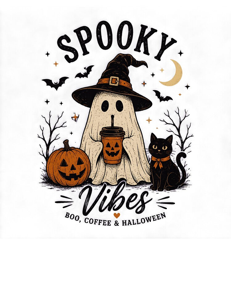 Spooky Vibes – Cute Ghost Halloween T-Shirt, Boo Coffee Pumpkin Cat Graphic, Fall Halloween Shirt by Bright Static