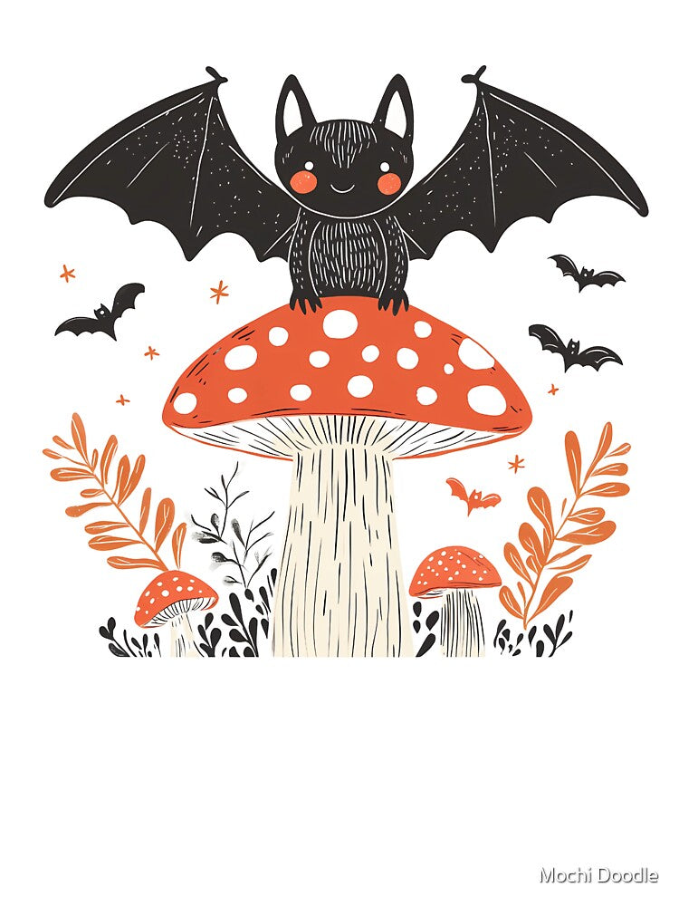 Bat Flying Around a Mushroom - Autumn Vibes by Mochi Doodle