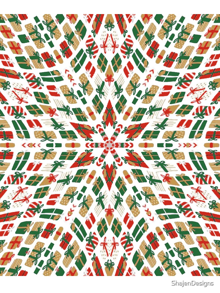 Retro Christmas Kaleidoscope with Red Green Gold Christmas Presents Gifts on Burgundy Red Background by ShajenDesigns