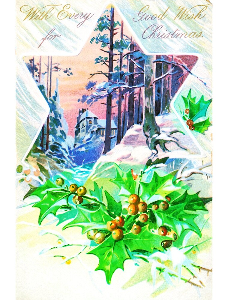 Vintage Christmas Postcard with Star and Holly by sweetartnc