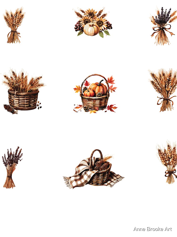Rustic Harvest Baskets & Wheat Bundles – Autumn Farmhouse Watercolor Clipart by Anne Brooke Art by Anne Brooke Art