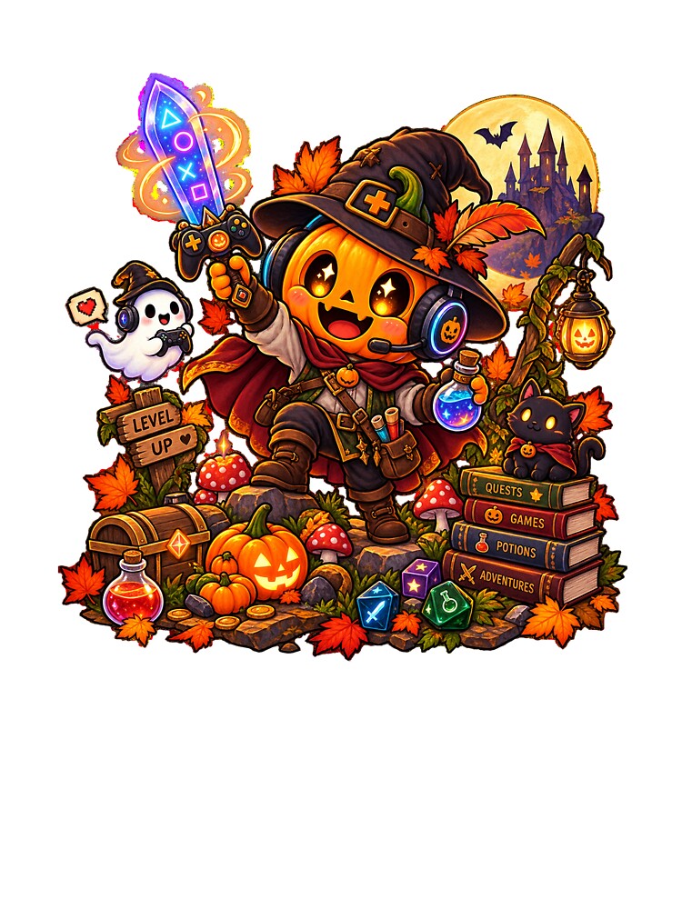 Cute Pumpkin Wizard Gamer Kids T-Shirt  Level Up Halloween Birthday Gift for Boys with Ghost, Black Cat & Magic Sword by FestivityFinds