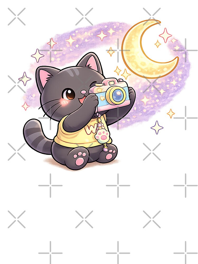 Kawaii Black Cat Taking a Picture of the Moon Cute Cartoon Animal Design by Wawa5656