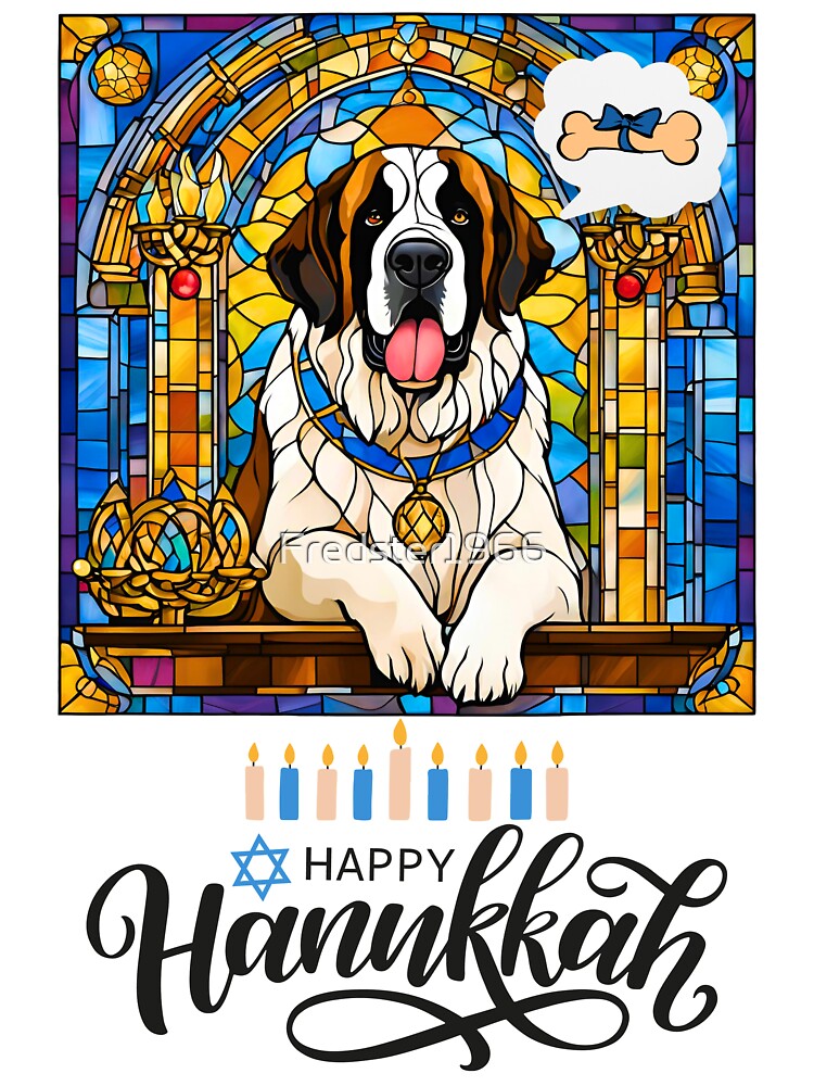 Happy Hanukkah St. Bernard – Stained Glass Menorah Dog Dream Art by Fredster1966