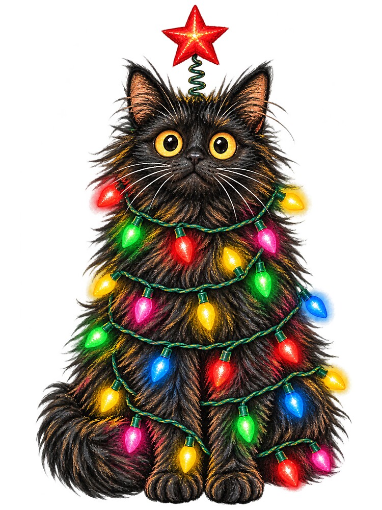 I Am the Christmas Tree Now – Funny Christmas Lights Black Cat by WolfmanProphecy