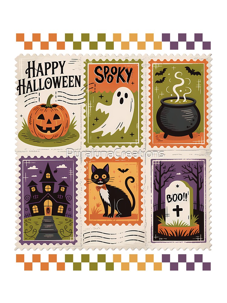 Halloween Retro Stamp Vintage Design – Spooky Castle, Ghost & Black Cat Art by PuralunaCreations