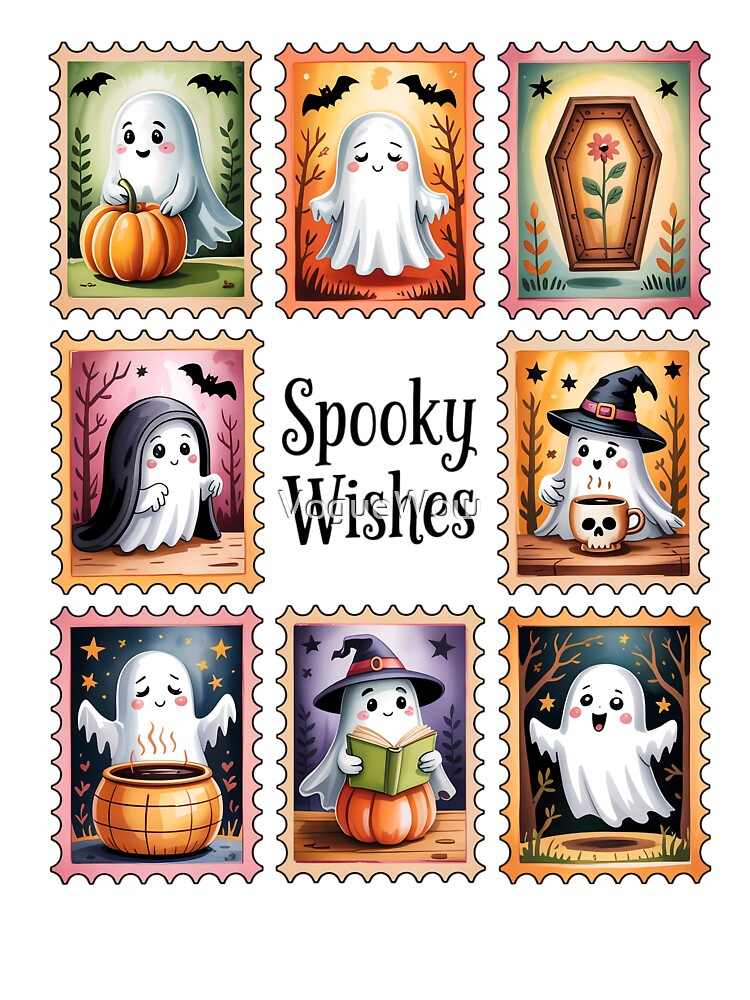 Retro Ghost Postage Stamp Halloween – T Shirt, Sticker, Phone Case, Hoodie by VogueWow