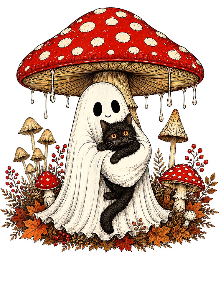 Ghost Hugging Black Cat Under Mushroom Halloween by VioletNance