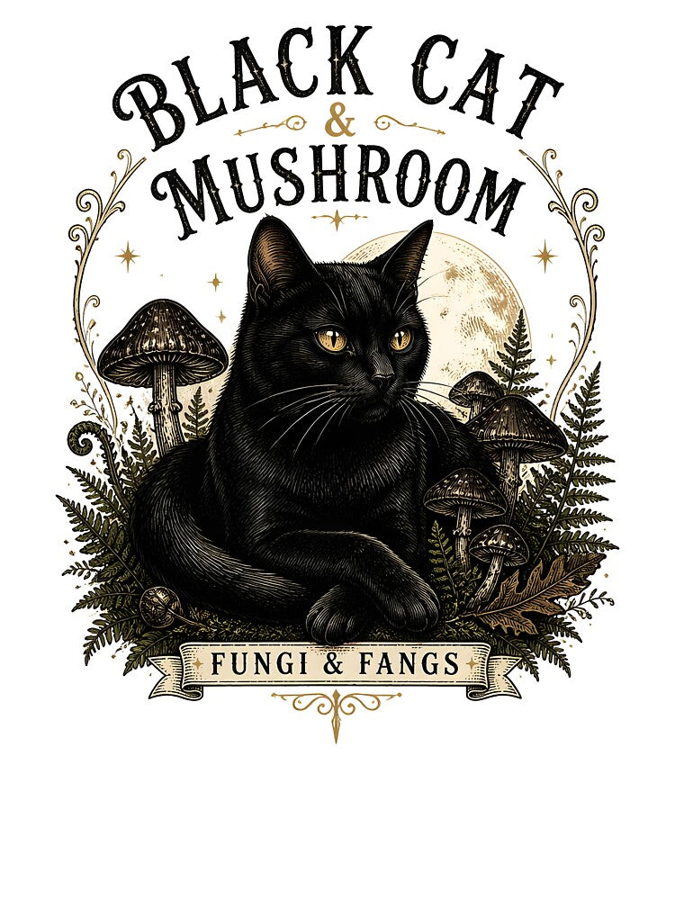 BLACK CAT & MUSHROOM Fungi & Fangs Halloween Gothic Engraving by LiviuGligoros