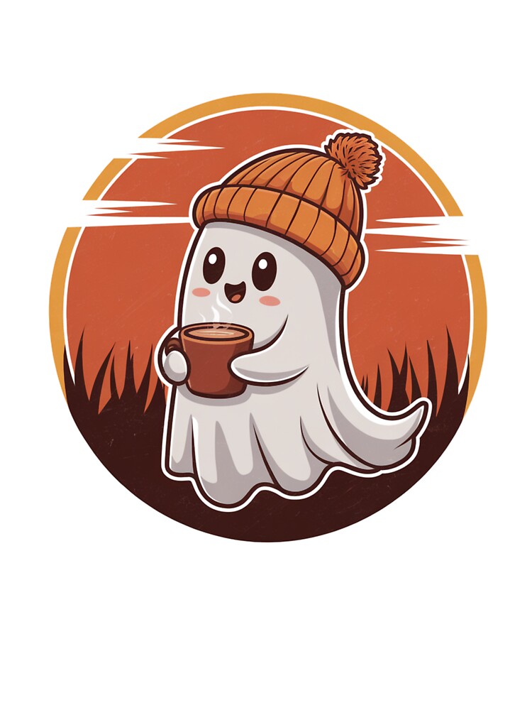 Cozy Coffee Ghost Autumn Art - Kawaii Spooky Season - Fall Aesthetic Beanie Ghost by JLMWorks