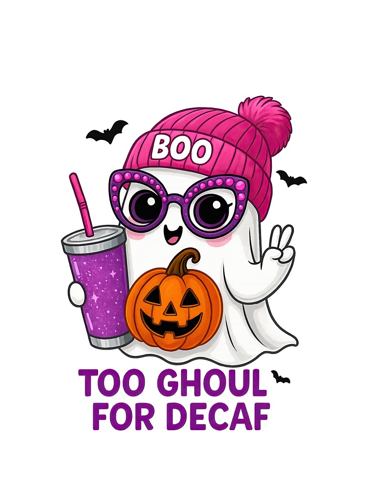 Too Ghoul for Decaf – Cute Halloween Ghost with Pumpkin and Coffee by MujernDesignArt