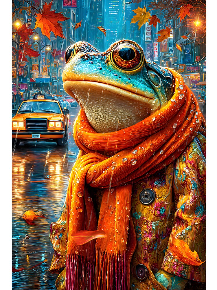Whimsical Frog in a Colorful City Rain Scene by Artessie
