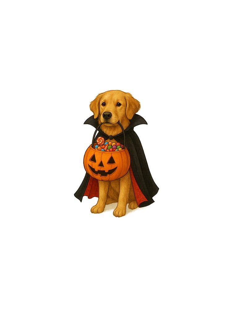 Golden Retriever Halloween Dog with Pumpkin Candy Basket by CreativeThoughts